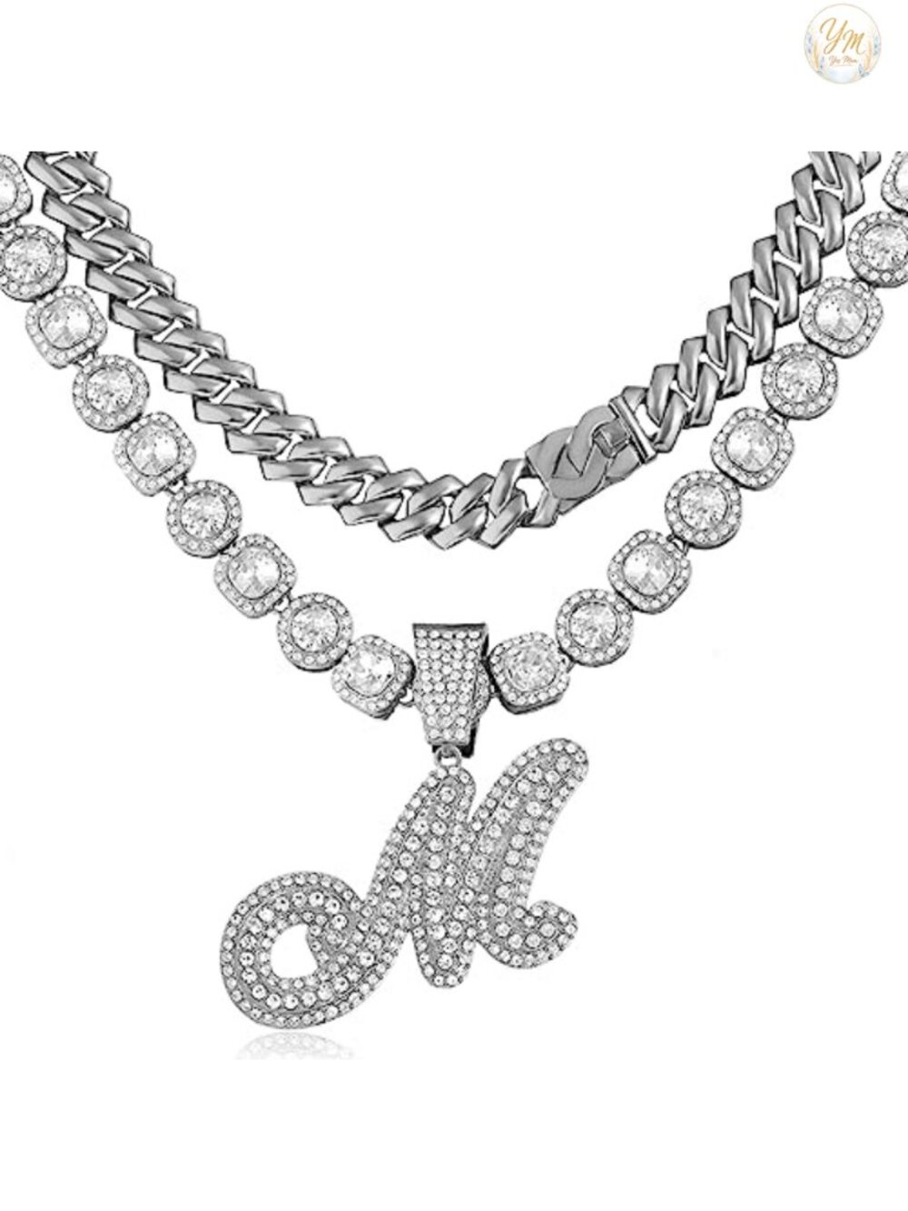 Cuban Link Chain Set Initial Necklace Rhinestone Hip Hop Jewelry Women